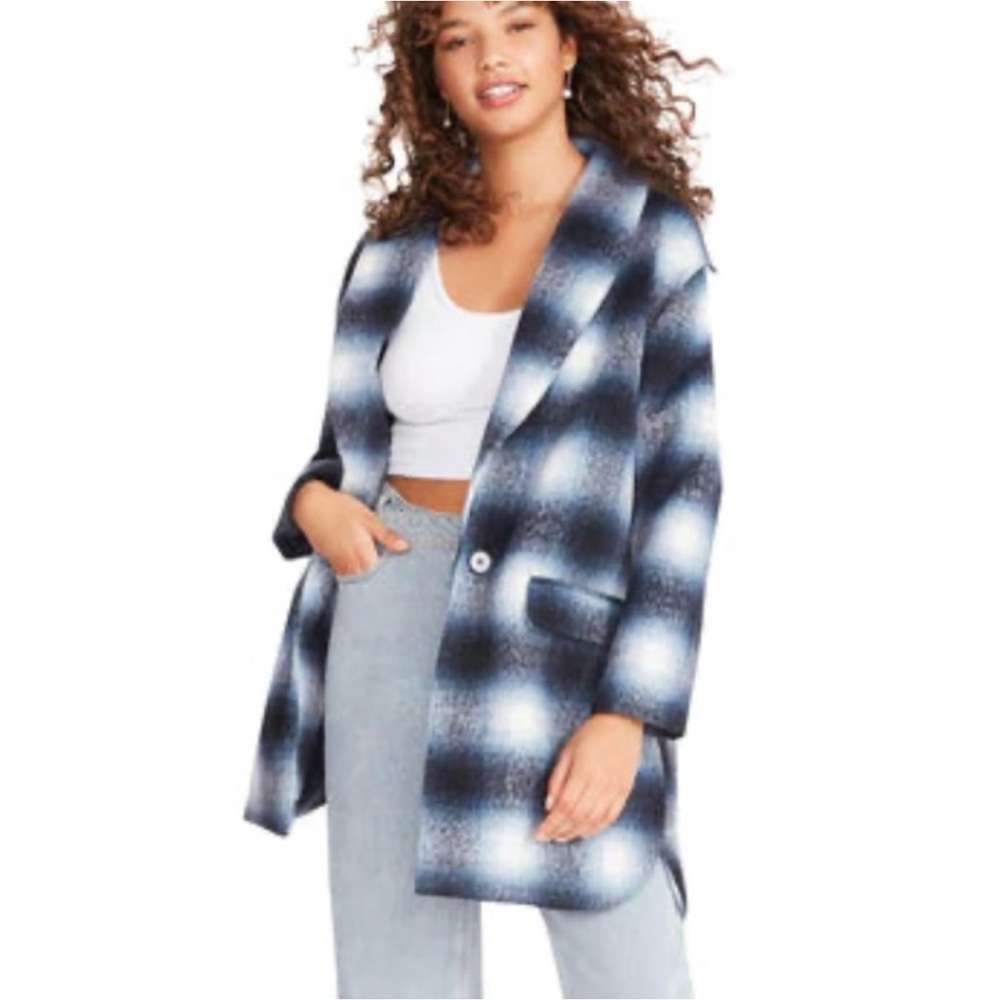 Steve Madden Zoey Brushed Blue Plaid Coat